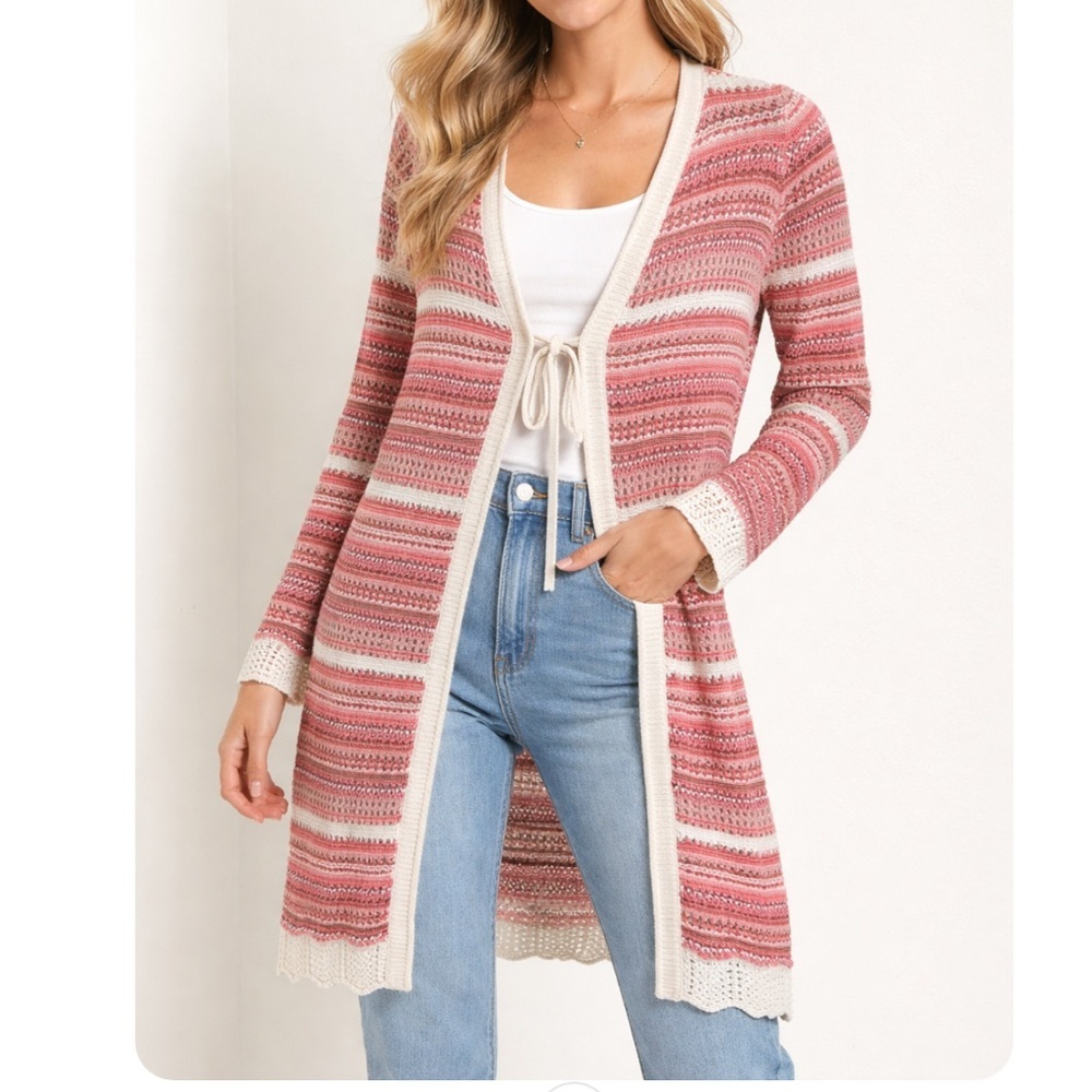 Freshman 1996 Y2K Coastal Grandma Tie Front Crochet Long Sweater Cardigan NEW